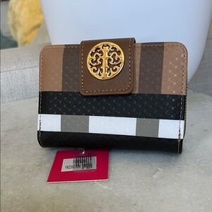Brown and Black Striped Compact Wallet with Gold Emblem